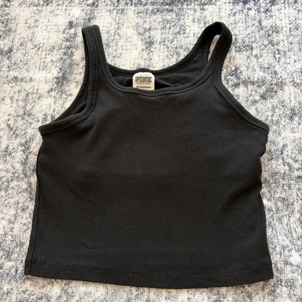 PINK Victoria's Secret Ribbed Crop Tank Top Womens Size XS Black Scoop‎ Neck